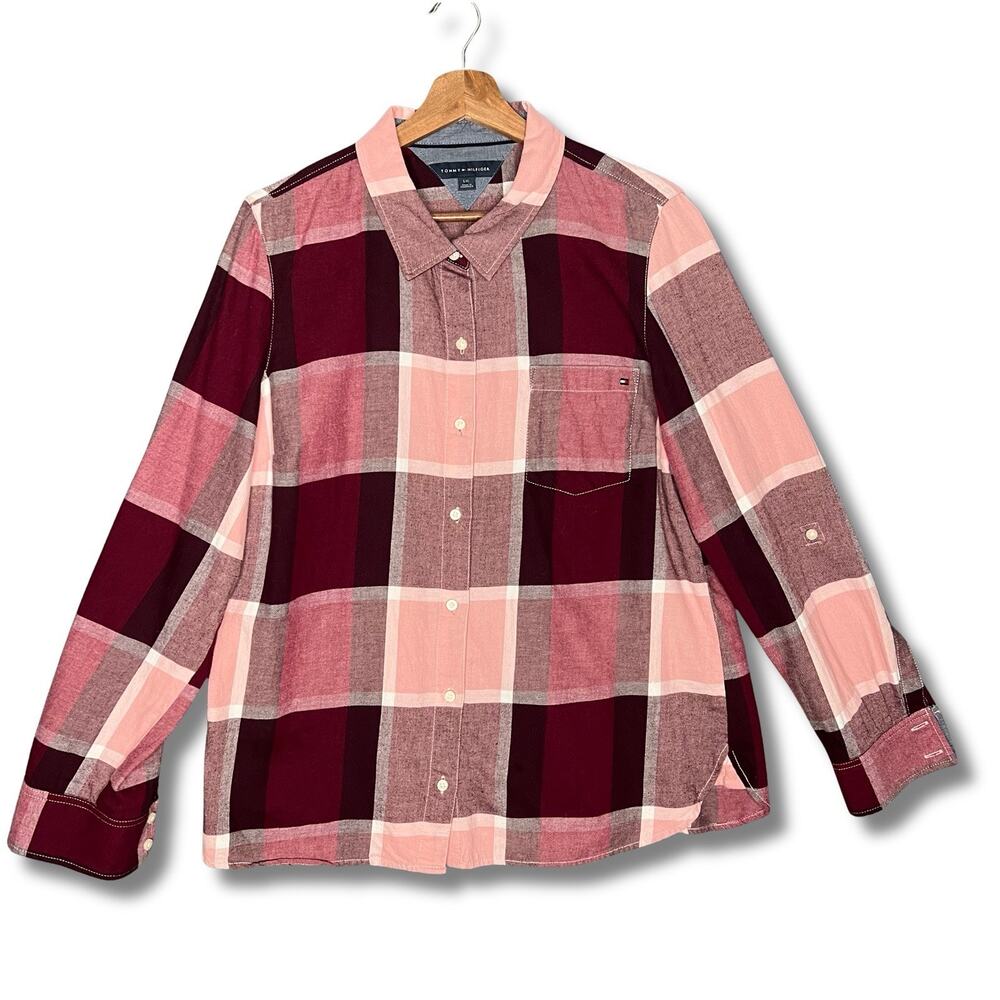 Tommy Hilfiger Long Sleeve Plaid Shirt 100% Cotton Women's Sz L Outdoor Normcore